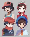  4boys black_hair blue_eyes blue_headwear blue_jacket blue_tank_top brown_eyes brown_hair closed_eyes closed_mouth elio_(pokemon) florian_(pokemon) grey_headwear hat highres jacket male_focus multiple_boys necktie open_mouth orange_necktie parted_lips pokemon popped_collar red_headwear red_scarf red_shirt rei_(pokemon) scarf shirt smile sweatdrop tank_top touyarokii v-shaped_eyebrows victor_(pokemon) white_shirt wing_collar 