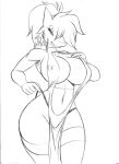  2023 absurd_res anthro big_breasts black_and_white breasts chochi cleavage clothed clothing clothing_pull curvy_figure female goo_creature graphite_(artwork) hair hi_res hourglass_figure legwear monochrome nipple_outline pencil_(artwork) ponytail side_boob sketch skimpy smile solo thigh_highs thong thong_pull traditional_media_(artwork) underwear underwear_pull wide_hips 