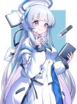  1girl absurdres blue_archive blue_necktie halo highres jacket looking_at_viewer mechanical_ears mechanical_halo necktie noa_(blue_archive) purple_eyes shirt skirt todeu_(cool8254) white_hair white_jacket white_shirt white_skirt 