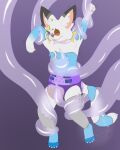  anthro blue_spots blush canid canine claws clothed clothing diaper domestic_cat dominic_(fennecat) felid feline felis fennec fennecat_(artist) fox fur held_up hi_res hybrid looking_pleasured male mammal shy solo spots teeth tentacles tongue tongue_out watermark wearing_diaper white_body white_fur 