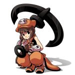  1girl anchor anchor_symbol black_eyes black_gloves brown_hair cabbie_hat fingerless_gloves fingernails gloves guilty_gear hat hat_ornament holding holding_anchor long_hair mary_cagle may_(guilty_gear) orange_footwear orange_headwear orange_pants orange_shirt pants shadow shirt skull_and_crossbones skull_hat_ornament smile solo squatting white_background 