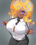  1girl black_necktie black_pants blue_hair breasts button_gap character_request dark-skinned_female dark_skin gradient_background grey_background hair_over_one_eye highres jtveemo large_breasts looking_at_viewer mouth_hold multicolored_hair necktie necktie_in_mouth orange_hair pants purple_eyes shirt solo splatoon_(series) suspenders sweat sweatdrop thick_eyebrows two-tone_hair white_shirt 