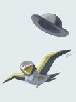  absurdres animal_focus bird black_eyes bright_pupils closed_mouth flying full_body grey_background grey_headwear hat hat_removed headwear_removed highres looking_up mokuzou_(moku_ssbu) no_humans pokemon pokemon_(creature) signature solo wattrel 