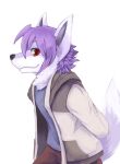  anthro black_nose blue_clothing blue_topwear bottomwear brown_bottomwear brown_clothing brown_pants canid closed_smile clothed clothing fur glistening glistening_eyes hair half-length_portrait hand_behind_back hi_res jacket kuttoyaki looking_at_viewer male mammal mouth_closed pants portrait purple_body purple_fur purple_hair red_eyes simple_background solo topwear white_background white_body white_fur 