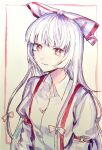  1girl absurdres bow buttons closed_mouth collared_shirt fujiwara_no_mokou hair_bow highres hime_cut light_smile long_hair long_sleeves looking_at_viewer navybluesparrow open_collar painting_(medium) red_eyes shirt sidelocks sleeve_garter solo suspenders touhou traditional_media upper_body very_long_hair watercolor_(medium) white_bow white_hair white_shirt 