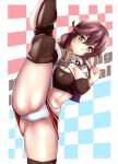  1girl bandeau braid brown_bandeau brown_hair brown_thighhighs checkered_clothes cosplay cowboy_shot crop_top cropped_jacket gotland_(kancolle) gotland_(kancolle)_(cosplay) green_eyes highleg highleg_panties jacket kantai_collection miniskirt noshiro_(kancolle) panties r31harutan race_queen red_skirt skirt solo split standing standing_on_one_leg standing_split swept_bangs thighhighs twin_braids underwear v white_jacket white_panties 