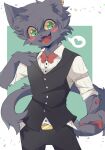 anthro biped black_body black_fur blush claws clothed clothing domestic_cat felid feline felis fingers fur green_eyes hi_res leslichu male mammal open_mouth open_smile pawpads smile solo tail 