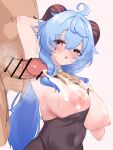  1boy 1girl absurdres ahoge arm_up armpit_sex armpits bar_censor bare_shoulders bell between_breasts black_leotard blue_hair blush bodystocking bodysuit breasts breasts_out censored clothes_between_breasts clothes_pull covered_navel cum ejaculation ganyu_(genshin_impact) genshin_impact highres horns large_breasts leotard leotard_under_clothes looking_at_another low_ponytail multicolored_eyes naoonaao neck_bell nipples open_mouth penis puffy_nipples pulled_by_self purple_eyes sidelocks sweat upper_body 