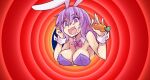  1girl animal_ears bare_arms bare_shoulders bow bowtie breasts bugs_bunny carrot cleavage detached_collar drooling eating erina_(rabi-ribi) food food_on_face holding holding_food jiete leotard long_hair looney_tunes medium_breasts mouth_drool open_mouth parody pink_bow pink_bowtie playboy_bunny purple_eyes purple_hair purple_leotard rabbit_ears rabi-ribi solo strapless strapless_leotard traditional_bowtie very_long_hair white_wrist_cuffs 