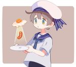  1girl blush brown_hair food fried_egg green_eyes hat holding holding_plate looking_away original parted_lips plate sailor_hat sausage short_hair short_sleeves solo sorata123 ufo 