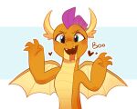  &lt;3 2023 2_horns 4_fingers anotherdeadrat anthro blue_eyes blush cute_fangs digital_media_(artwork) dragon fangs female fingers forked_tongue friendship_is_magic hasbro horn membrane_(anatomy) membranous_wings my_little_pony open_mouth open_smile orange_body orange_skin scalie smile smolder_(mlp) solo teeth tongue tongue_out western_dragon wings 