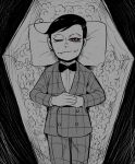  black_hair bow bowtie buttons child coffin dra_(osomatsu-kun) fangs flower formal looking_at_viewer male_child male_focus maririnbo one_eye_closed osomatsu-kun pillow red_eyes shirt side_ahoge spot_color suit swept_bangs 