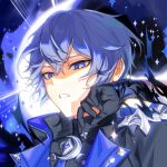 1boy black_background black_gloves black_jacket blue_background blue_eyes blue_hair elsword gloves highres jacket liberator_(elsword) long_sleeves looking_at_viewer male_focus multicolored_background noah_ebalon parted_lips purple_background short_hair solo starry_background teeth unhappy zhangyangri 