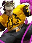  abs anthro belt biceps bottomwear bulge clothing dragon flexing hastur_(tas) hi_res horn kemono looking_at_viewer male muscular muscular_male pants pecs scalie shirt simple_background smile solo teeth tentacles tight_clothing tight_shirt tight_topwear tokuni topwear white_background yellow_clothing yellow_shirt yellow_topwear 