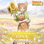  1girl alternate_costume animal_ears apron artist_request blue_eyes blue_sky blush bow brown_apron brown_hair brown_shorts brown_socks character_name cloud cloudy_sky coin colored_text dog_ears dog_girl dog_tail field flower flower_field fog gina_(isekai:_slow_life) green_shirt hair_flower hair_ornament holding holding_flower isekai:_slow_life leaf logo mountain mushroom nose_blush official_alternate_costume one_eye_closed open_mouth outdoors pocket ribbed_socks ribbon shirt short_hair shorts sky smile socks sparkle sunflower tail teeth tree upper_teeth_only white_bow white_flower white_ribbon yellow_flower 