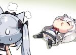  2girls animal_ear_fluff animal_ears azur_lane cat_ears cat_girl chibi commentary_request detached_sleeves drooling grey_hair hair_between_eyes hammann_(azur_lane) hm_(hmongt) long_hair looking_at_another lying multiple_girls nervous_sweating on_back short_sleeves sidelocks sleeping sweat twintails yukikaze_(azur_lane) 