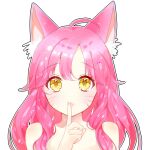  1girl ahoge ahri_(league_of_legends) alternate_hair_color animal_ear_fluff animal_ears eyelashes facial_mark fingernails fox_ears fox_girl ggpeer_(g_g) hair_between_eyes league_of_legends light_blush long_hair pink_hair simple_background solo topless whisker_markings white_background yellow_eyes 