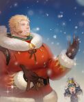  1boy 1girl alternate_costume bara blonde_hair box brown_gloves christmas facial_hair fur-trimmed_jacket fur_trim gift gift_box gloves goatee green_hair highres jacket jacob_(housamo) large_pectorals long_sideburns male_focus maria_(housamo) muscular muscular_male pectorals santa_costume sdz_(inazuma) short_hair sideburns snowing sparkle stubble tokyo_afterschool_summoners upper_body white_eyes 