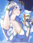  1girl adjusting_hair anastasia_(fate) blue_eyes blue_sky braid breasts cleavage collarbone doll eyelashes fate/grand_order fate_(series) head_wreath highres holding holding_umbrella large_breasts shirt sky solo summer twin_braids umbrella viy_(fate) white_hair white_shirt zuraa_(naunau_seijin) 