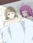  2girls after_sex ahoge asymmetrical_hair bed_sheet blunt_bangs blunt_ends blush bob_cut breasts cleavage closed_eyes collarbone commentary_request covering_with_blanket from_above half-closed_eye head_on_pillow highres light_brown_hair love_live! love_live!_nijigasaki_high_school_idol_club lying medium_breasts multiple_girls nakasu_kasumi nude on_back on_bed on_side one_eye_closed parted_lips pillow pink_hair red_eyes short_hair sleeping tennouji_rina tottsan waking_up yuri 