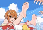  1girl 1other ankle_ribbon barefoot blue_sky blush brown_eyes brown_hair cloud day feet foot_focus hair_ornament hairclip highres innertube leg_ribbon looking_at_another original outdoors qiufengxiaose ribbon rubber_duck sky soles solo_focus swimsuit toes water wet 