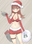  1girl adapted_turret alternate_costume bikini bikini_top_only breasts cannon cleavage collarbone cowboy_shot fur-trimmed_headwear fur-trimmed_shorts fur_trim grey_background hat highres kantai_collection kujira_naoto medium_breasts ooi_(kancolle) red_bikini red_headwear red_shorts sack santa_costume santa_hat shorts solo standing striped striped_background swimsuit torpedo_launcher turret 
