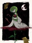  1boy bent_spoon black_background blood blood_from_eyes bob_cut border colored_skin commentary crescent_moon english_text floating floating_object full_body gardevoir green_hair green_skin hair_over_one_eye ice_cream_spoon looking_down lunatone male_focus matsuriya_(pixiv_79070753) moon multicolored_skin one_eye_covered otoko_no_ko outside_border paper plant pokemon pokemon_(creature) rain raining_blood red_eyes sheet_music short_hair solo_focus spoon squatting telekinesis thorns two-tone_skin white_border white_skin 