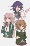  1girl 2boys :d :o absurdres backpack bag brown_eyes brown_hair brown_skirt checkered_clothes checkered_scarf d: danganronpa:_trigger_happy_havoc danganronpa_(series) danganronpa_2:_goodbye_despair danganronpa_v3:_killing_harmony dress_shirt fujisaki_chihiro green_jacket green_shirt hair_between_eyes hand_up highres holding holding_mask hood hood_down index_finger_raised jacket light_brown_hair long_sleeves mask medium_hair multiple_boys nanami_chiaki neck_ribbon oma_kokichi open_mouth pink_bag pink_eyes pink_ribbon pleated_skirt purple_hair ribbon scarf shirt shirt_tucked_in short_hair simple_background skirt smile white_background white_jacket white_shirt xiao_(grsnss25) 