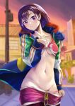  1girl absurdres blue_jacket blurry blurry_background breasts clothes_lift clothes_pull collarbone english_commentary gokuartz green_jacket groin hair_ornament hairclip head_tilt highres jacket large_breasts leggings_under_shorts lifted_by_self looking_at_viewer medium_breasts mikazuki_shizuka multicolored_clothes multicolored_jacket navel outdoors pink_shorts pink_sports_bra purple_eyes purple_hair red_jacket short_hair short_shorts shorts shorts_pull solo sports_bra sports_bra_lift sportswear stomach sweat town white_jacket yellow_jacket zom_100:_zombie_ni_naru_made_ni_shitai_100_no_koto 
