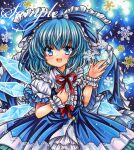  1girl :d blue_background blue_bow blue_dress blue_eyes blue_hair bow cirno cowboy_shot dress embellished_costume frilled_bow frilled_dress frills hair_bow hand_up ice ice_wings looking_at_viewer marker_(medium) medium_hair neck_ribbon open_mouth puffy_short_sleeves puffy_sleeves red_ribbon ribbon rui_(sugar3) sample_watermark short_sleeves smile snowflakes solo standing touhou traditional_media watermark wings wrist_cuffs 