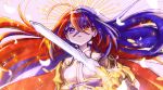 1girl absurdres alear_(female)_(fire_emblem) alear_(fire_emblem) blue_eyes fire_emblem fire_emblem_engage heterochromia highres holding holding_sword holding_weapon liberation_(fire_emblem) lunacyhilly multicolored_hair open_mouth red_eyes solo sword two-tone_hair upper_body weapon 