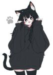  :d animal_ears black_eyes black_hair black_hoodie black_shorts blush cat_ears cat_girl cat_tail commentary_request eyelashes fang happy highres hood hoodie long_hair looking_at_viewer megateru messy_hair original oversized_clothes playing_with_own_hair shorts simple_background skin_fang skindentation sleeves_past_fingers sleeves_past_wrists smile tail tareme thighhighs very_long_hair white_background 