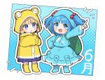  2girls animal backpack bag blonde_hair blue_eyes blue_footwear blue_hair blue_hoodie blue_skirt boots full_body hair_bobbles hair_ornament highres hood hoodie index_finger_raised kawashiro_nitori medium_hair miz_(mizillustration) moriya_suwako multiple_girls short_hair skirt snail touhou two_side_up yellow_footwear yellow_raincoat 