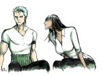  1boy 1girl bad_id bad_pixiv_id bandana bandana_around_arm black_hair black_pants blunt_bangs closed_mouth dark-skinned_female dark_skin earrings green_hair haramaki jewelry long_hair nico_robin one_piece pants roronoa_zoro shirt short_hair short_sleeves signature simple_background sitting tazan white_background white_shirt 