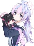  2girls absurdres ahoge animal_ears backpack bag black_hair black_jacket blue_archive blue_eyes carrying carrying_person cat_ears chibi futagoma hair_between_eyes hair_ornament halo highres jacket kazusa_(blue_archive) long_hair long_sleeves looking_at_viewer multicolored_hair multiple_girls open_mouth pink_hair purple_hair reisa_(blue_archive) sailor_collar school_uniform short_hair sleeves_past_fingers sleeves_past_wrists star_(symbol) star_hair_ornament stuffed_animal stuffed_toy twintails two-tone_hair upper_body v-shaped_eyebrows white_background white_sailor_collar 