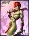  1boy abs arm_tattoo bishounen blush bracer chain colored_skin earrings goblin green_eyes green_skin highres holding holding_sword holding_weapon jewelry lip_piercing loincloth male_focus mrelagan nose_piercing orc original piercing pointy_ears realistic red_hair revealing_clothes single_earring sword tattoo weapon wide_hips 