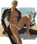  1boy abs bara bare_pectorals beach blonde_hair briefs bulge coat code2_ip day dead_by_daylight feet_out_of_frame gloves highres knee_up large_pectorals looking_at_viewer male_focus male_pubic_hair male_underwear mature_male muscular muscular_male navel nipples open_clothes open_coat pectorals penis penis_peek pubic_hair sand seductive_smile short_hair sideburns sitting smile solo stomach sunglasses thick_eyebrows thighs umbrakinesis underwear underwear_cutout white_male_underwear 