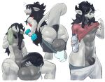  anthro anus balls big_balls big_penis biped black_hair bodily_fluids bottle container exercise exercise_equipment floating_hands genital_fluids genitals green_eyes gym_clothing hair hi_res long_hair male multiple_poses muscular muscular_anthro muscular_male penis pose precum simple_background sitting slumthechum solo standing sweat sweaty_balls sweaty_genitalia towel undressing_another undressing_self unknown_species white_background 