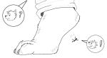  2022 4_toes anthro black_and_white bottomwear canid canine claws clothing cutaway digital_drawing_(artwork) digital_media_(artwork) duo exclamation_point falling feet foot_fetish foot_focus larger_anthro larger_male macro male mammal micro monochrome pants paws plantigrade question_mark simple_background size_difference sketch smaller_anthro smaller_male smellslikejavier stick_figure toe_claws toes unaware 
