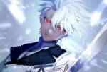  1boy alternate_eye_color alternate_skin_color bleach bleach:_the_thousand-year_blood_war coat collared_coat commentary_request dated dutch_angle fur-trimmed_coat fur_trim garamgum hair_between_eyes hitsugaya_toushirou holding holding_sword holding_weapon katana looking_at_viewer male_focus parted_lips red_eyes short_hair signature simple_background sword upper_body weapon white_coat white_hair zanpakutou zombification 
