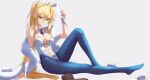  1girl absurdres animal_ears arm_support arm_up artoria_pendragon_(fate) artoria_pendragon_(swimsuit_ruler)_(fate) bare_shoulders blonde_hair blue_necktie blue_pantyhose braid breasts buta_(sakana9785) center_opening chromatic_aberration cleavage commentary_request detached_collar fate/grand_order fate_(series) fishnet_pantyhose fishnets french_braid from_side full_body fur_(clothing) gold_trim green_eyes grey_background hair_between_eyes high_heels highres knee_up korean_commentary leotard long_hair looking_at_viewer medium_breasts navel necktie pantyhose parted_lips playboy_bunny ponytail rabbit_ears shoes shoes_removed short_necktie sidelocks simple_background sitting solo strapless strapless_leotard tiara very_long_hair white_footwear white_leotard wrist_cuffs yellow_headwear 