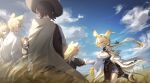  2boys 4girls absurdres animal_ears arknights black_dress blonde_hair blue_sky breasts brown_hair cloak closed_eyes cloud coat commentary_request crying crying_with_eyes_open dorothy_(arknights) dress field gloves hat highres lab_coat large_breasts long_hair mouse_ears mouse_girl mouse_tail multiple_boys multiple_girls open_clothes open_coat outdoors outstretched_arms parted_bangs pelvic_curtain ponytail pouch scene_reference sekai_noto sky spoilers tail tears wheat_field white_cloak yellow_gloves 
