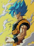  1boy artist_name biceps blue_eyes blue_hair blue_sash blue_shirt blue_wristband clenched_hand closed_mouth commentary_request dougi dragon_ball dragon_ball_super hair_between_eyes highres looking_ahead male_focus muscular muscular_male pectorals profile sash scratches seya_(asasei_718) shirt short_sleeves signature simple_background smile smoke solo son_goku spiked_hair standing super_saiyan super_saiyan_blue torn_clothes torn_shirt v-shaped_eyebrows wristband yellow_background 