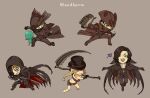  1girl 4boys :d ;d alien arizuka_(catacombe) ascot black_cape black_footwear black_hair black_headwear black_pants bloodborne breasts brown_coat brown_headwear brown_pants brown_scarf brown_shirt bug butterfly cape celestial_emissary coat grey_background grin hair_over_one_eye hat highres holding holding_scythe hood hood_up large_breasts multiple_boys one_eye_closed original pants red_coat scarf scythe shirt short_hair simple_background smile standing sword teeth top_hat torn_cape torn_clothes tricorne weapon 