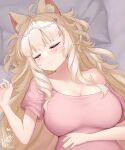 1girl absurdres ahoge ainya_(vtuber) animal_ear_fluff animal_ears blonde_hair blush breasts cat_ears cat_girl cleavage closed_eyes closed_mouth commentary dated english_commentary hair_ornament highres indie_virtual_youtuber large_breasts long_hair lying mole mole_under_eye multiple_moles natch_imaycz on_back on_bed pillow short_sleeves signature sleeping smile solo upper_body virtual_youtuber 