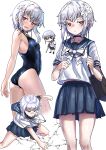  1girl a_certain_high_school_uniform absurdres accelerator_(toaru_majutsu_no_index) albino ambiguous_gender androgynous arm_at_side ass asymmetrical_hair bag bare_legs black_choker blue_one-piece_swimsuit blue_sailor_collar blush bow bright_pupils chibi chibi_inset choker clenched_teeth closed_mouth cowboy_shot ebora electrodes embarrassed expressionless flat_chest half-closed_eyes hand_on_ground hands_up highres holding holding_bag looking_at_viewer looking_back miniskirt multiple_views one-piece_swimsuit red_eyes sailor_collar school_bag school_swimsuit school_uniform shirt short_sleeves skirt solo squatting standing suzushina_yuriko swimsuit teeth toaru_majutsu_no_index white_background white_bow white_hair white_pupils white_shirt 
