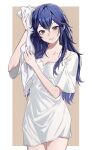  1girl ameno_(a_meno0) blue_eyes blue_hair border breasts collarbone dress drying drying_hair fire_emblem fire_emblem_awakening holding holding_towel long_hair looking_at_viewer lucina_(fire_emblem) parted_lips short_dress short_sleeves small_breasts solo symbol_in_eye towel wavy_hair wet wet_hair white_border white_dress 