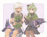  1boy 1girl black_choker black_dress black_ribbon black_shorts blush bridal_gauntlets capelet choker collei_(genshin_impact) cuilein-anbar_(genshin_impact) cyno_(genshin_impact) dress flower genshin_impact green_capelet green_hair grey_hair hair_between_eyes hair_ribbon happy_birthday headwear_removed helmet helmet_removed highres holding holding_needle hood hood_down hooded_capelet long_hair needle open_mouth purple_flower ribbon sewing shorts sitting smile tori3c 