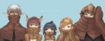  2boys 3girls animal_ear_fluff avatar_(ff11) black_hair blonde_hair blue_eyes blunt_bangs brown_eyes brown_hair cactus41747280 colored_skin cosplay covered_mouth elf elvaan final_fantasy final_fantasy_xi galka green_skin hair_tubes hand_up hands_up highres hume light_blue_background mandragora_(final_fantasy) mandragora_(final_fantasy)_(cosplay) mithra_(ff11) multiple_boys multiple_girls pointy_ears tarutaru white_hair 