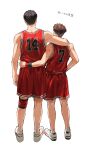  2boys arm_around_shoulder arm_around_waist basketball_uniform black_hair black_wristband brown_hair from_behind full_body height_difference highres male_focus mitsui_hisashi miyagi_ryouta multiple_boys red_shorts red_tank_top red_wristband shoes short_hair shorts simple_background slam_dunk_(series) sportswear standing tank_top umeta_sd white_background white_footwear wristband 